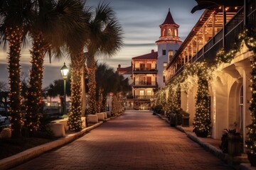 Beautiful Christmas Time in Historic Downtown St. Augustine, Florida: Stunning Architecture, Antique Buildings, and Scenic Boardwalk - obrazy, fototapety, plakaty