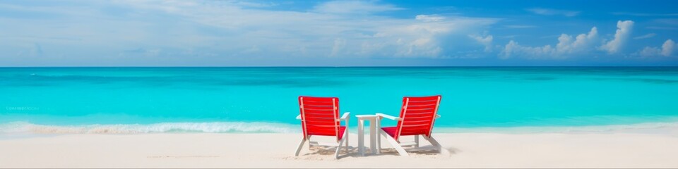 Fototapeta na wymiar Caribbean Christmas Beach: Exotic Holiday Vibes with Beach Chair and Lounger on the Coast