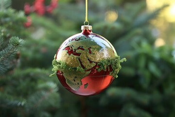 Christmas Earth Globe Bauble. Symbol of Universal Peace and Harmony on a Festive Tree Branch.