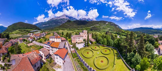 Gardinen Most scenic medieval castles of Italy - Castel Terlago with beautiful gardens in Trentino region, Trento province. Aerial drone panoramic view © Freesurf