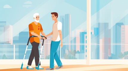 Obraz premium Physical therapist helpful patients to walking with walker