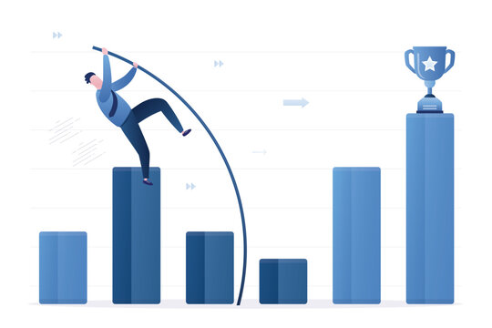 Investor man pole vault over graph columns. Recovery of profits after economic crisis or recession, business growth, overcoming financial difficulties, risk management