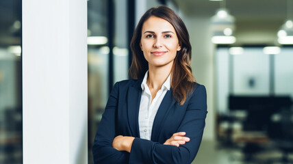 Obraz premium Portait of beautiful smart, intelligent, friendly, likable portrait of an executive business woman manager, advisor, agent standing in office with arms crossed.