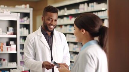 Obraz premium Pharmacist suggestion to customer about drugs at pharmacy store