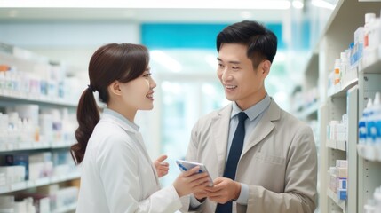 Pharmacist suggestion to customer about drugs at pharmacy store