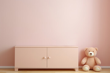 Empty pink wall in modern child room. Mock up interior in contemporary, scandinavian style. Copy space for your artwork, picture or poster. Sideboard, plush toy. Cozy room for kids.