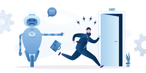 robot points worker to door. businessman runs away from office. Dismissal, replacement of people by machines. Computer technology and artificial intelligence taking jobs