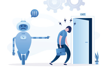 robot points worker to door. businesswoman go away from office. Dismissal, replacement of people by machines. Computer technology and artificial intelligence taking jobs
