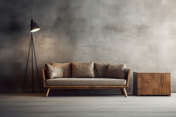 Interior mock up, loft style. Empty concrete wall in modern living room. Copy space for your artwork, picture, poster. Industrial style interior design. Apartment or hotel room.