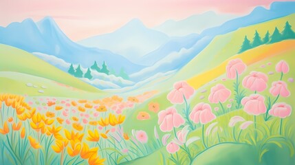 Fototapeta na wymiar Pastel Paradise: Blossoms Amidst Misty Mountain Scenery