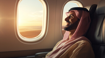 Business man from united arab emirates flying on his private jet - obrazy, fototapety, plakaty