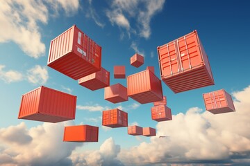 Shipping containers flying in sky, delivering goods. Air cargo, closed steel boxes. Air logistics metaphor. 3D image. Generative AI