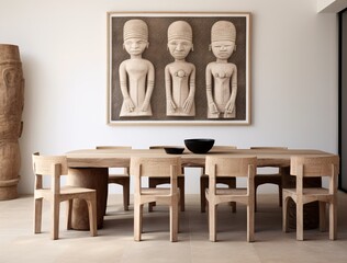 an attractive room with several chairs including a large wooden table and some artwork, conceptual simplicity, dogon art, light beige and beige - obrazy, fototapety, plakaty