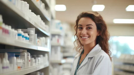 Poster de jardin Pharmacie Smiling of pharmacist and drugs working at pharmacy store