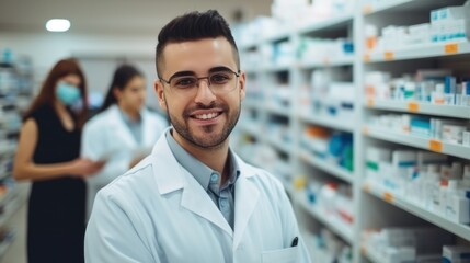 Fototapeta premium Smiling of pharmacist and drugs working at pharmacy store