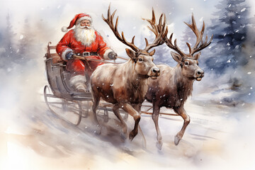 A watercolor drawing illustration of Santa Claus sleigh ride with reindeer, in the style of children s book illustration. The image captures the magic and whimsy of Christmas