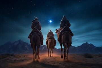 Christmas Jesus birth concept - Adoration of the Magi, Three Wise Men, Three Kings, and the Three biblical Magi with camel silhouettes journeying in sand dunes of desert follow Bethlehem star at night