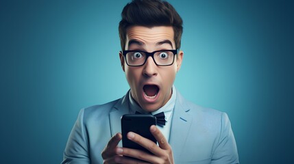 Shocked young businessman in eyeglasses reading bad news over mobile phone against blue background. generative AI