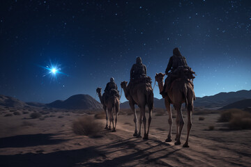 Christmas Jesus birth concept - Adoration of the Magi, Three Wise Men, Three Kings, and the Three biblical Magi with camel silhouettes journeying in sand dunes of desert follow Bethlehem star at night