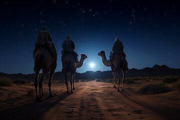 Christmas Jesus birth concept - Adoration of the Magi, Three Wise Men, Three Kings, and the Three biblical Magi with camel silhouettes journeying in sand dunes of desert follow Bethlehem star at night