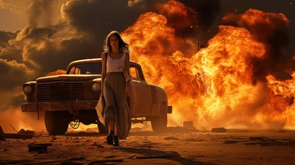 Action shot with woman near the burning old truck. Dynamic scene in action movie blockbuster style. © swillklitch