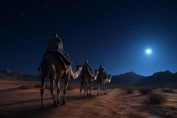 Three Wise Men, Three Kings follow Bethlehem star in the night