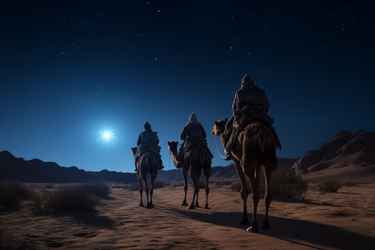 Christmas Jesus birth concept - Adoration of the Magi, Three Wise Men, Three Kings, and the Three biblical Magi with camel silhouettes journeying in sand dunes of desert follow Bethlehem star at night