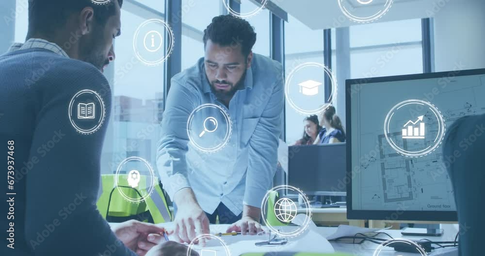 Poster animation of icon in circles over diverse architects discussing on blueprint in office