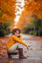 a teenage girl in a yellow sweater walks along a street outside the city against the backdrop of yellow trees. fun walk in autumn