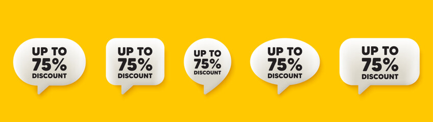 Up to 75 percent discount. 3d chat speech bubbles set. Sale offer price sign. Special offer symbol. Save 75 percentages. Discount tag talk speech message. Talk box infographics. Vector