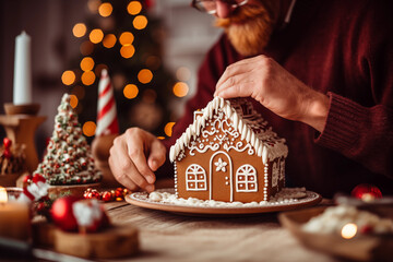 person decorating a gingerbread house with intricate icing details, christmas holidays