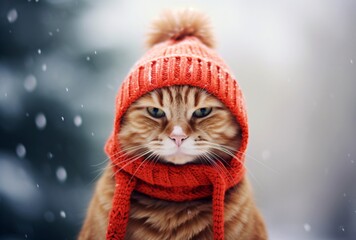 red ginger cat wearing a furry feline winter holiday pattern red hat in the snow, contest winner, warm color palettes, depictions of inclement weather - obrazy, fototapety, plakaty