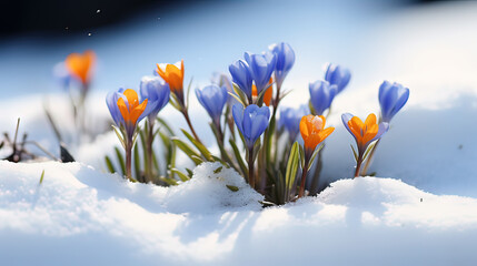 Horizontal photo snowy meadow with flowers sprouting in spring. Concept environment, flowers.