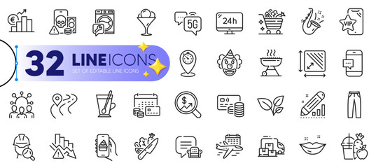 Outline set of Vegetables cart, Squad and Juice line icons for web with Phishing, Square area, Clown thin icon. Lips, Timer, Money calendar pictogram icon. Euro rate, Grill, Currency audit. Vector