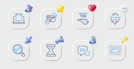 Iceberg, Tutorials and English line icons. Buttons with 3d bell, chat speech, cursor. Pack of Refresh website, Cloud system, Time icon. Reminder, Analytics pictogram. For web app, printing. Vector