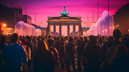 A photo of the Brandenburg Gate, with a bustling cityscape as the background, during a lively...