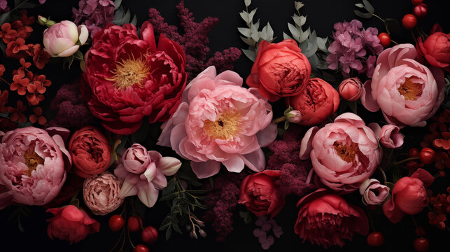 Beautiful bouquet of peonies and different flowers on a black background. Flower petals. Floral wallpaper. Pattern from natural flowers. Floral card design with dark vintage effect. Generated AI