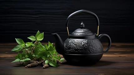 Foto op Aluminium Mint branches and iron Asian teapot for tea © Zahid