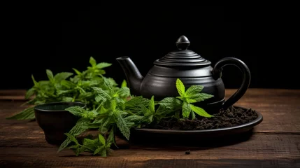 Foto op Aluminium Mint branches and iron Asian teapot for tea © Zahid