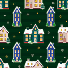 Seamless surface decoration pattern with scandinavian colorful Christmas homes