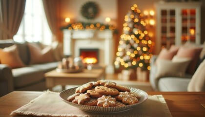 Fototapeta premium A close-up image of a gingerbread cookie, soft-focus festive lights in the background, creating a warm, celebratory atmosphere.