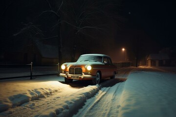 Fototapeta na wymiar nighttime scene featuring a car on a snow-covered landscape. Generative AI