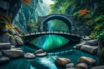 Glasbilder Helix-Brücke bridge over river in the forest