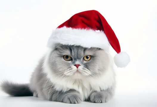 white and gray cat on white background wearing Christmas santa cluas hat
