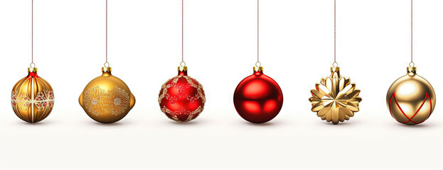 Shiny Christmas baubles in line. Collection of Xmas glass balls with ornament.