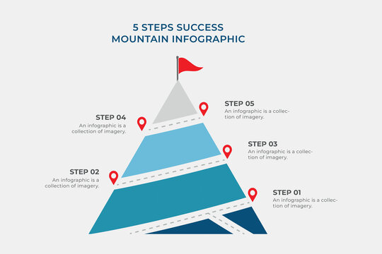 Route to the top of mountain infographic on white background. business journey path in progress to success. Mountain with red flag with 5 step. can be used for process, presentation, step diagram.