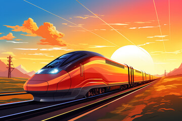 High speed train on sunset background transportation - obrazy, fototapety, plakaty
