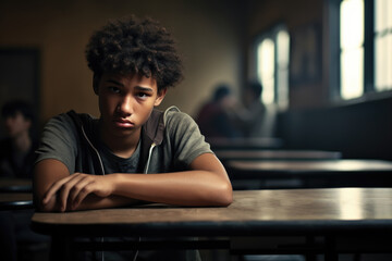 Teenage depression. Unmotivated african american student at desk. Generative AI