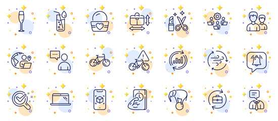 Outline set of Water glass, Couple and Fitness line icons for web app. Include Beauty, Users chat, Notification bubble pictogram icons. Teamwork, Support service, Ice cream signs. Vector