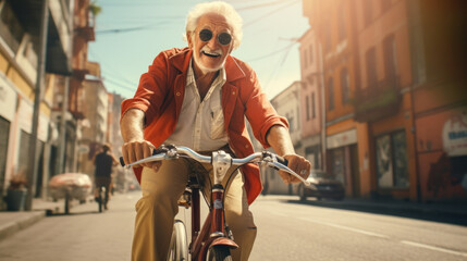 Smiling senior man riding bicycle waving hand at park on sunny day, comic style